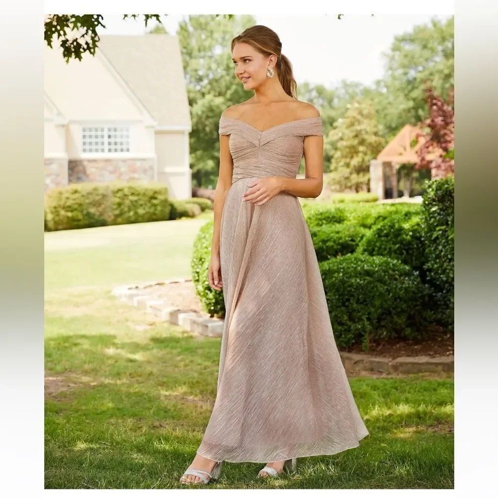Betsy & Adam Ruched Crinkle Off The Shoulder Gown Champagne NWT